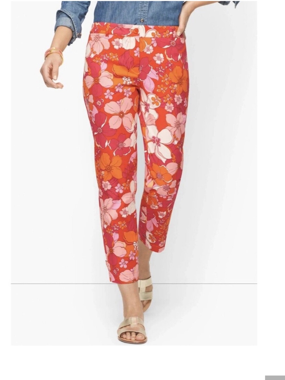 Talbots Floral Cropped Pants in Fuchsia, Light Pink & Orange Cropped Elastic 20W